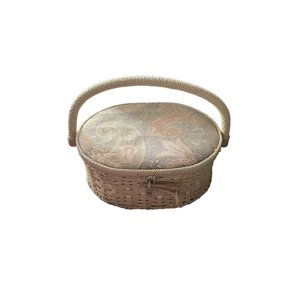 Oval Wicker Woven Seeing Basket With paisley Tapestry Top